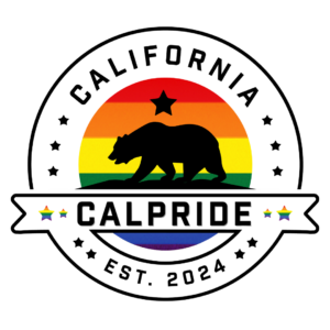 CalPride logo with a bear and a star silhouetted against a rainbow background.