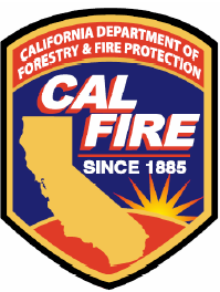 California Department of Forestry and Fire Prevention badge. CalFire - since 1885, along with outline of California with a sunrise behind it.