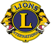 Lions International badge with two lions on each side facing outwards and a gold L on a blue field in the center. Lions International is in blue on gold at the top and bottom of the badge.