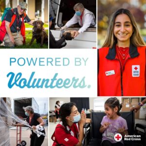 Powered by Volunteers with a collage of Red Cross volunteers helping people in assorted emergencies.