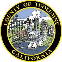 Tuolumne County Seal - interior has logging mill, hillside with forest, train, river with boat and canoe